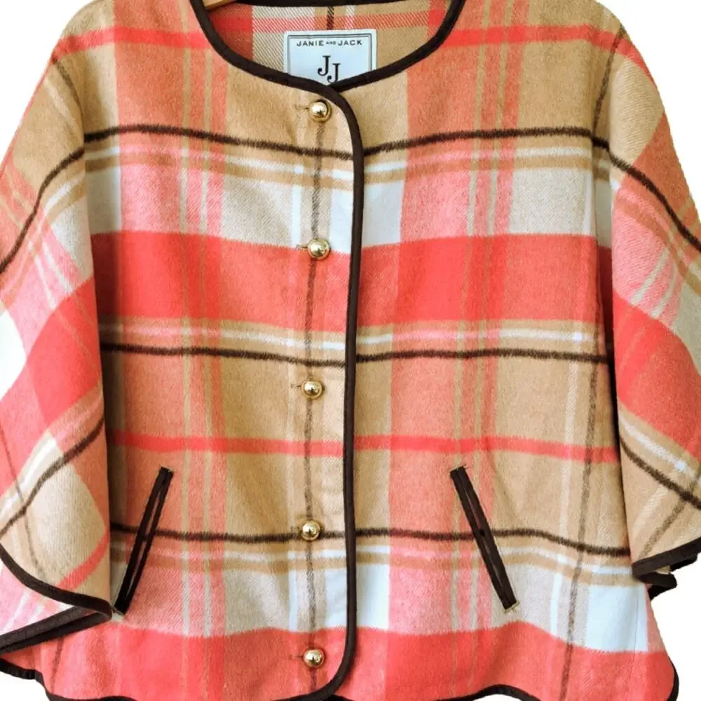 JANIE and JACK Plaid Cape Horse Trail Girls Size 7/8 Coral Camel Tan Fall Poncho